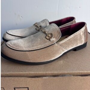 Mens Champagne tan beige Velvet Loafers Slip On Dress Shoes with Gold Accents 12